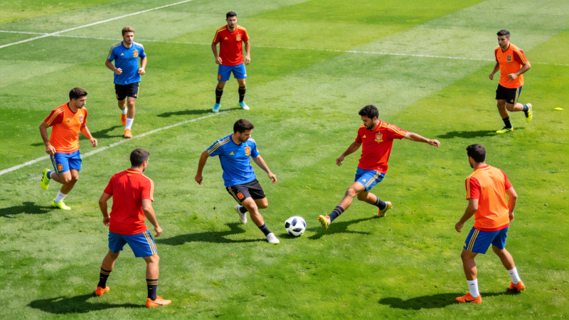 世界杯球员训练备战场景，球员在绿茵场上进行战术演练